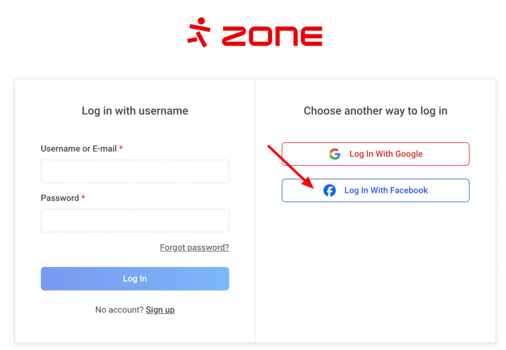 Logging in with Facebook begins selecting My Zone at the top right of the Zone homepage.