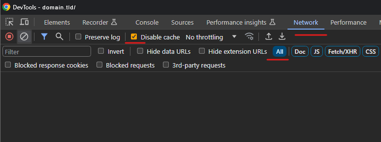 Web-sovellusten palomuuri - Voit tarkistaa, onko HTTP-pyyntö estetty verkkoselaimen DevTools-työkalulla (se voidaan avata painamalla F12-näppäintä). Siirry siinä Network-välilehteen, poista välimuisti (Disable cache) käytöstä ja valitse kaikki pyyntötyypit (All):
